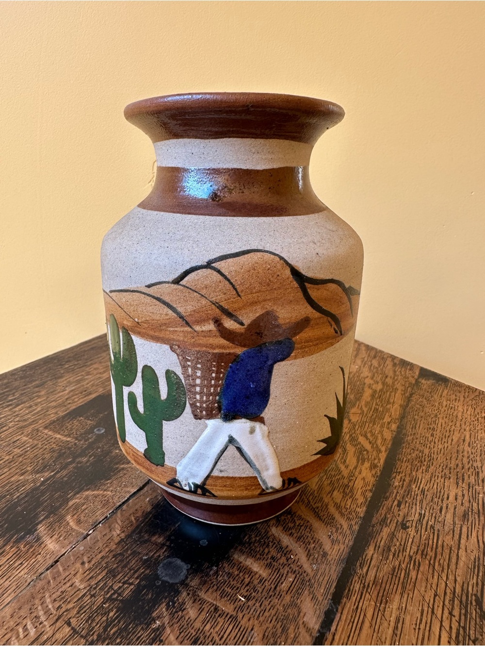 Hand-Painted Desert Scene Ceramic Vase in Brown and Cream